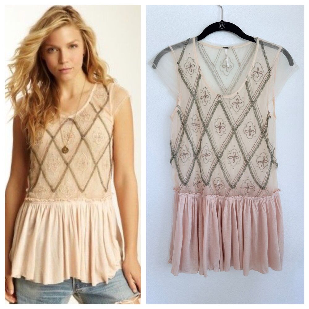 Free People Holiday to India Cap Sleeve Beaded Peplum Semi Sheer Top in Pink S